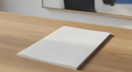 Blank white book or magazine mockup on a light wooden table with blurred background.