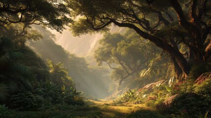 Fototapeta premium Serene Jungle Clearing Illuminated by Soft Sunlight Rays