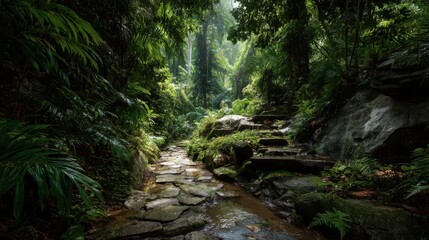 Serene Path Through Lush Jungle Leading to Hidden Waterfall