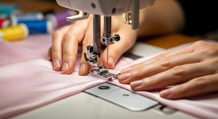 Seamstress Sewing Pink Fabric with Sewing Machine in Workshop