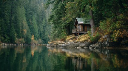 Fototapeta premium Peaceful Lakeside Cabin Surrounded by Lush Green Forest Landscape