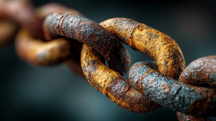Industrial close-up of worn metal chains with visible rust and textured links, emphasizing strength, durability, and gritty urban industrial materials under moody lighting.