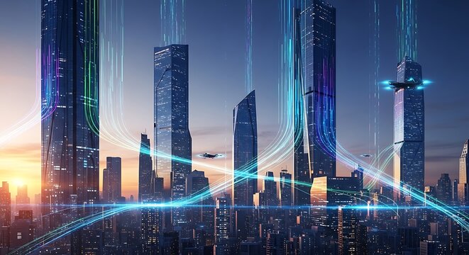 Futuristic city skyline with flying drones and advanced transportation system