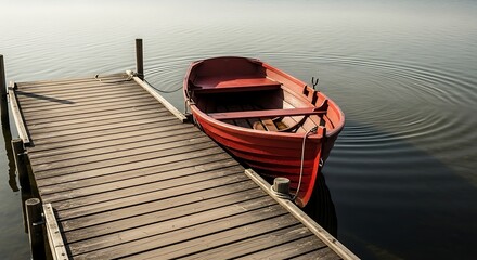 Red Rowboat Docked on a Calm Lake Pier.
