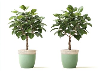 Obraz premium Two small potted Fiddle Leaf Fig trees, light green pots, white background
