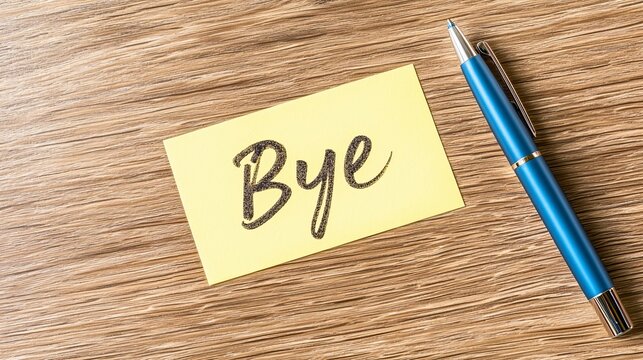 A close-up of a yellow sticky note saying 'Bye' next to a blue pen on a wooden desk.