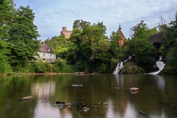 view of Pyrmont Mill and Pyrmont Castle with waterfalls and lake
