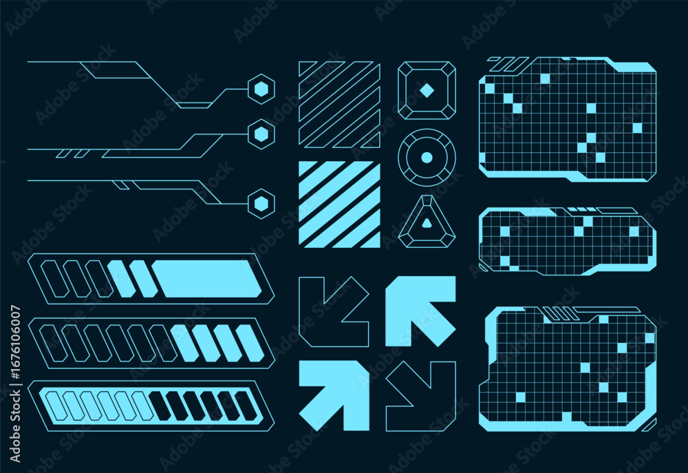 Poster geometric tech shapes arrows hexagons loading bars area screen patterns. glowing blue on a dark back