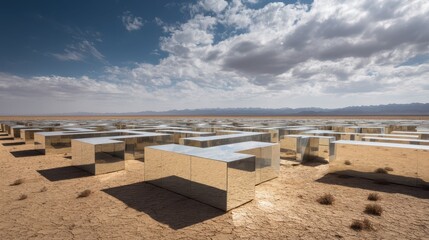 Reflective Maze of Mirrors Amidst Arid Desert Landscape