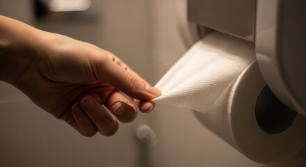 Hand taking toilet paper from dispenser