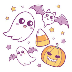 Kawaii Halloween vector illustration with cute pastel ghosts, smiling pumpkins, candy corn, bats, and festive spooky elements in soft colors perfect for seasonal designs and decorations