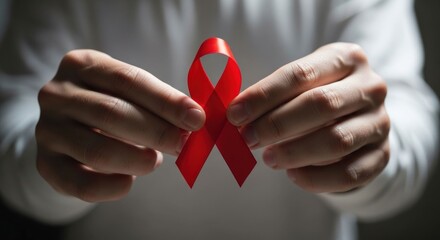 Hands hold a red awareness ribbon