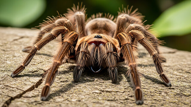 Detailed close-up macro photo of a furry brown tarantula spider on a textured surface with a blurred natural background.