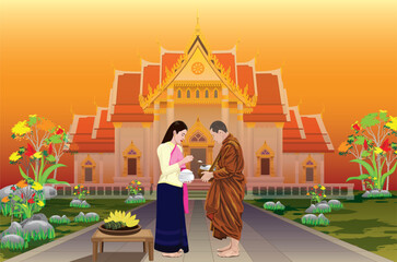 Buddhist monks going for alms in the morning vector design
