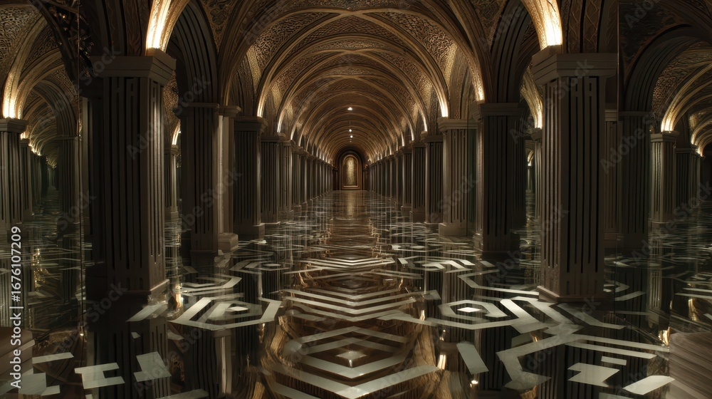 Poster endless reflection in a maze of mirrors and intricate patterns