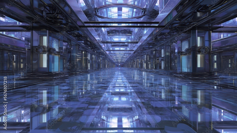 Poster mirrored maze inside an alien spaceship in futuristic setting