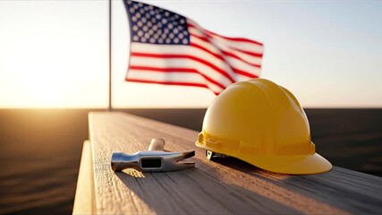 A construction hard hat and hammer rest on a wooden surface with a waving American flag in the background at sunrise. - Powered by Adobe