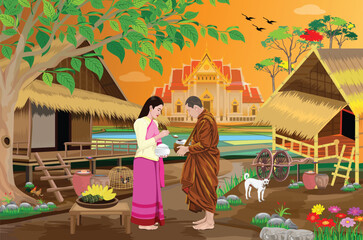 A female lay devotee is giving alms to the monks.vector design