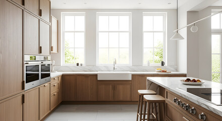 Bright Modern Kitchen with Wooden Cabinets and Large Windows in Natural Light