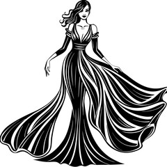 Elegant woman in a flowing gown, minimal one-line sketch, black and white fashion illustration