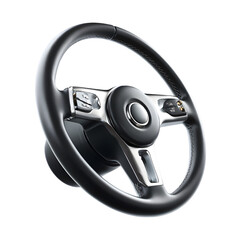 Modern car steering wheel with integrated controls and buttons isolated on transparent background for automotive design and technology concepts