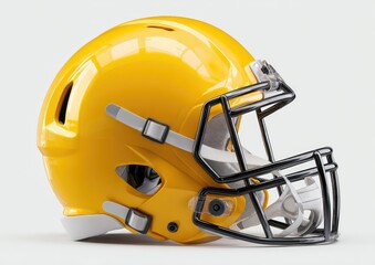 Fototapeta premium Bright yellow football helmet, profile view. Black facemask, white accents. Glossy finish