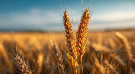 Fototapeta premium Golden wheat stalks at sunset. Close-up of two heads of wheat in a vast field, bathed in warm sunlight. Blurred background shows more stalks of ripe wheat. Clear blue sky with some clouds