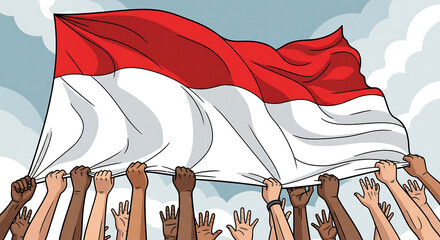 Diverse Hands Holding Indonesian Flag High, Symbolizing Unity and Patriotism. Vector Illustration of National Pride and Community Support Against a...