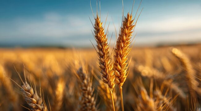 Golden wheat stalks at sunset. Close-up of two heads of wheat in a vast field, bathed in warm sunlight. Blurred background shows more stalks of ripe wheat. Clear blue sky with some clouds