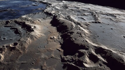 Dramatic Moon Surface with Cracks and Craters Under Dim Light