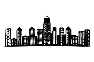 Fototapeta premium Black and white city skyline silhouette with illuminated windows on white background urban architecture