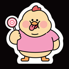 A funny cartoon chicken holding a lollipop and sticking out its tongue in a playful manner.