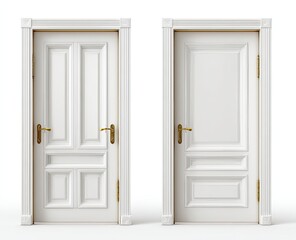 Two elegant, white wooden doors, side-by-side, on a plain white background.  Each door features a classic, paneled design, with decorative molding and brass door handles