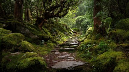 Obraz premium Mossy Pathway Through Enchanted Forest With Lush Greenery