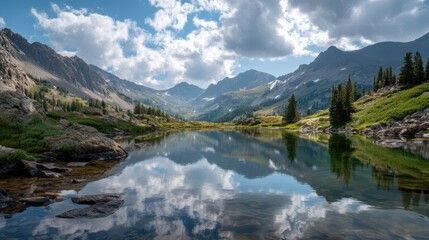 Fototapeta premium Serene Mountain Lake with Sky Reflection and Lush Greenery