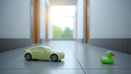 Toy car and rubber duck on tiled floor in illuminated hallway  