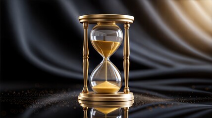 Golden Hourglass with Sand Flowing on Dark Fabric Background.