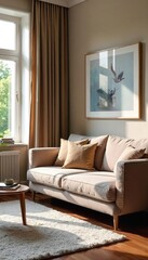 Fototapeta premium Relax and unwind on this plush cushion settee, perfect for adding a touch of comfort and style to any living space Ideal for reading, watching TV, or simply relaxing , resting, couch, cream