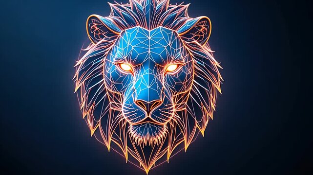 Geometric Lion Head: Glowing Orange Outline, Blue Facets, Modern Digital Art
