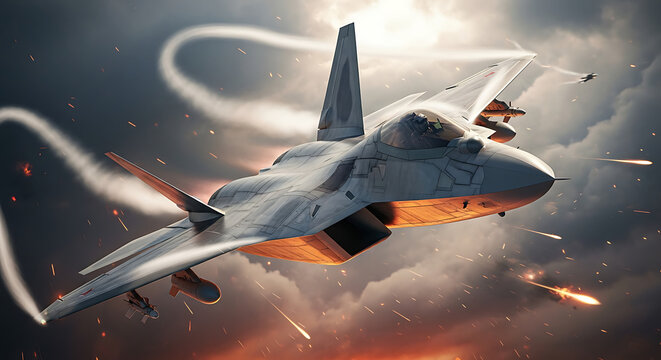  Fighter jet in action, photorealistic, supersonic flight leaving vapor trails, dramatic war sky background  war technology theme Photorealistic 3D render futuristic 
