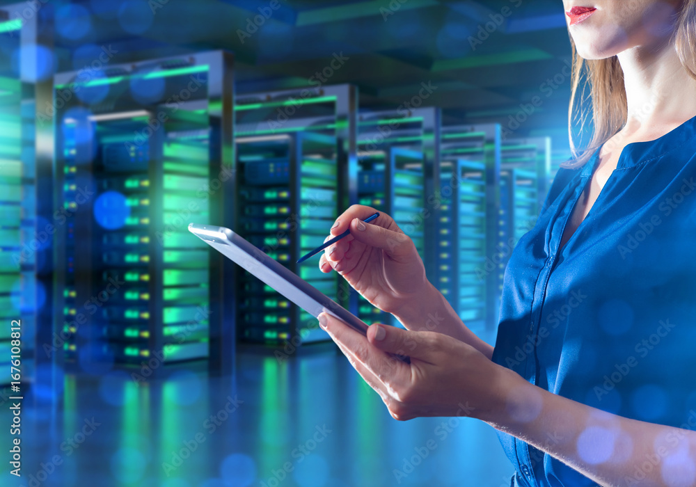 Aufkleber woman data center manager. servers for hosting vps and vds. system administrator with electronic tab