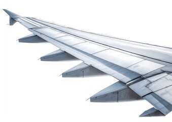 Close-up of airplane wing, showing details of the ailerons and fuselage