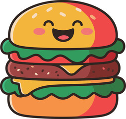An adorable cartoon hamburger with a happy, smiling face and big eyes.