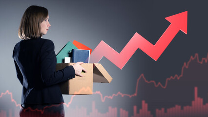 Fired woman with box in her hands. Businesswoman lost her job. Growth chart dismissal. Concept of...
