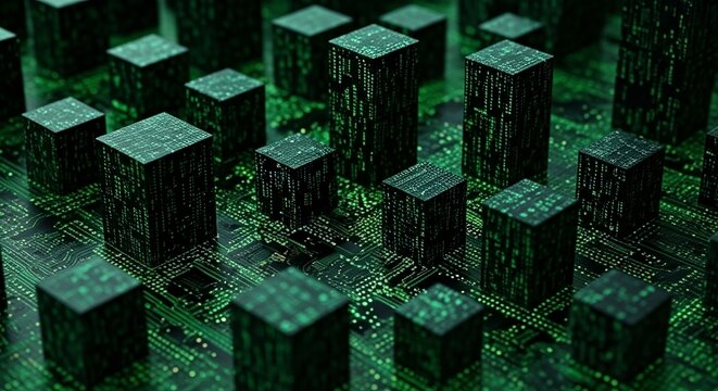Abstract technological cityscape rendered in glowing green code, depicting digital information flow. - Powered by Adobe