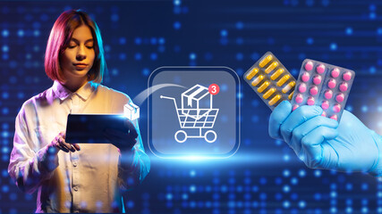 Online purchase medicines. Woman with electronic tablet orders pills online. Blister packs with...