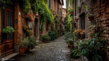 Fototapeta premium Quaint Narrow Cobblestone Alley in a Charming European Town