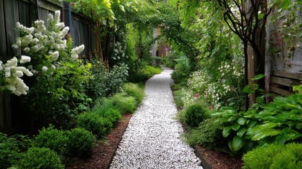 Serene Narrow Garden Pathway with White Gravel Surrounded by Greenery
