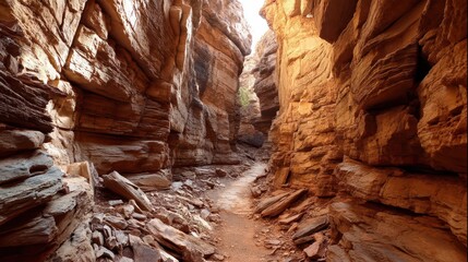 Narrow Path Inside the Deep Canyon with Rocky Walls and Sunlight