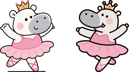 Two cute cartoon hippos wearing pink tutus and crowns, happily dancing ballet.